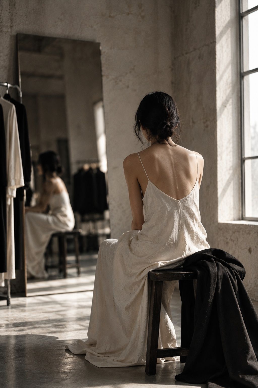 Model seen from behind at the backstage mirror in a bone slip dress, face hidden by the angle, soft window light